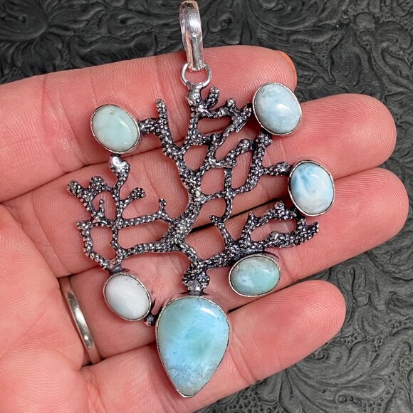 Larimar Sea Fan Coral Pendant Ornament Stone Crystal Jewelry - Picture 1 of 6